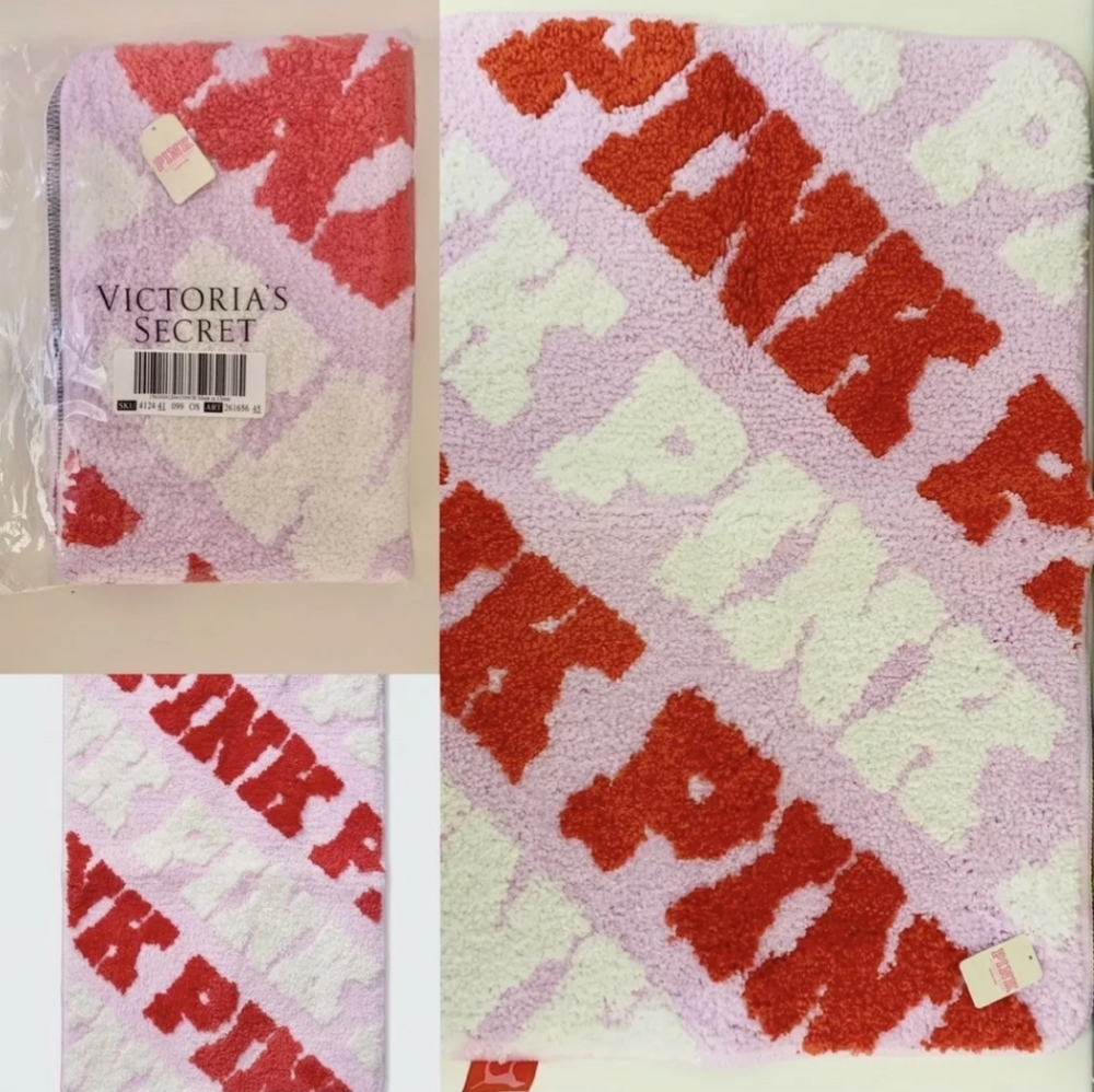 VICTORIAS SECRET PINK LOGO PLUSH BATH MAT GRAPHIC
